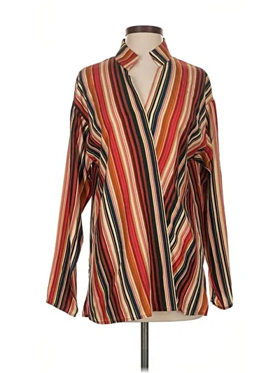 Pre-owned Worth New York Long Sleeve Silk Top Brown Stripes Pattern Plunge Neckline Tops