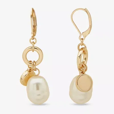 Worthington Charm Womens White Simulated Pearl Drop Earrings In Gold