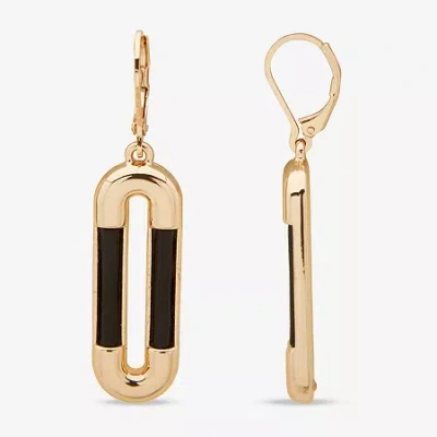 Worthington Gold Tone & Black Leather Link Womens Paperclip Drop Earrings