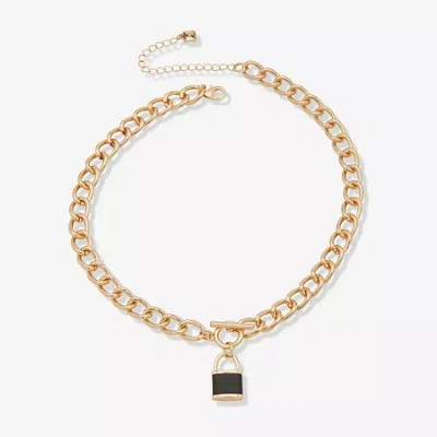 Worthington Gold Tone & Black Leather Lock Womens 17 Inch Pendant Necklace