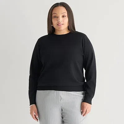 Worthington Plus Womens Crew Neck Long Sleeve Pullover Sweater In Black
