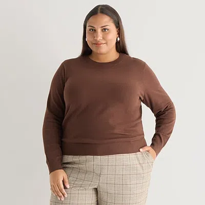 Worthington Plus Womens Crew Neck Long Sleeve Pullover Sweater In Brown