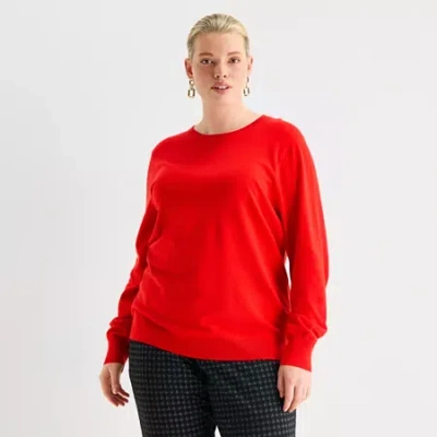Worthington Plus Womens Crew Neck Long Sleeve Pullover Sweater In Red
