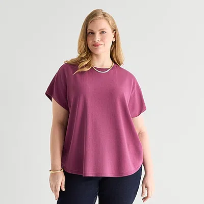 Worthington Plus Womens Crew Neck Short Sleeve Pullover Sweater In Pink