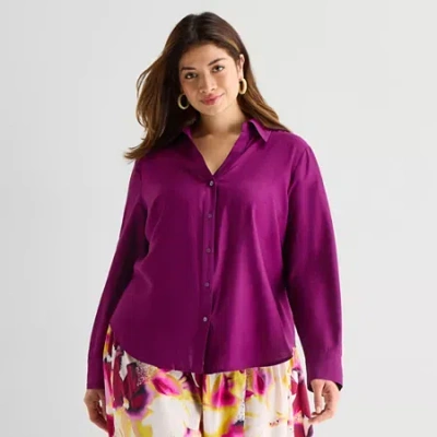 Worthington Plus Womens Long Sleeve Slim Fit Blouse In Purple