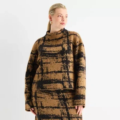 Worthington Plus Womens Mock Neck Long Sleeve Abstract Pullover Sweater In Brown