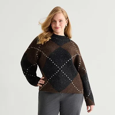 Worthington Plus Womens Mock Neck Long Sleeve Argyle Pullover Sweater In Brown