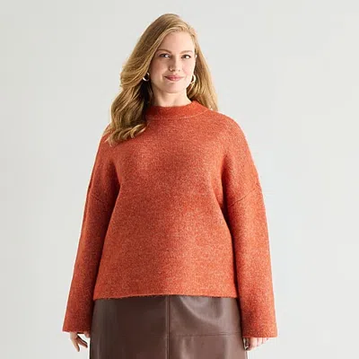 Worthington Plus Womens Mock Neck Long Sleeve Argyle Pullover Sweater In Orange