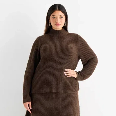 Worthington Plus Womens Mock Neck Long Sleeve Pullover Sweater In Brown