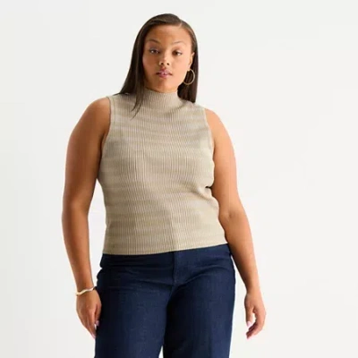 Worthington Plus Womens Mock Neck Sleeveless Pullover Sweater In Brown