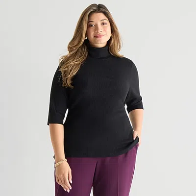 Worthington Plus Womens Turtleneck Elbow Sleeve Pullover Sweater In Black