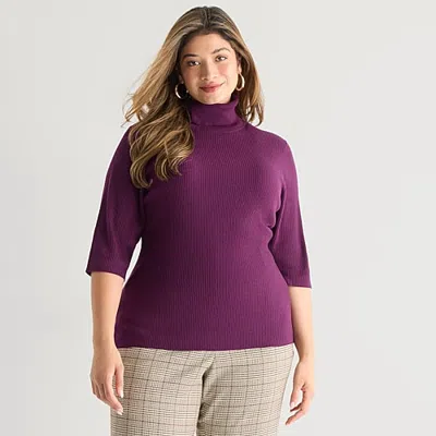 Worthington Plus Womens Turtleneck Elbow Sleeve Pullover Sweater In Purple