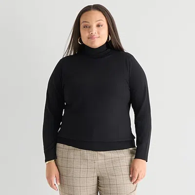 Worthington Plus Womens Turtleneck Long Sleeve Pullover Sweater In Black