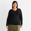 Worthington Plus Womens V Neck Long Sleeve Pullover Sweater In Black