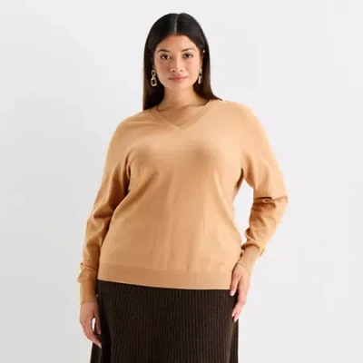 Worthington Plus Womens V Neck Long Sleeve Pullover Sweater In Brown
