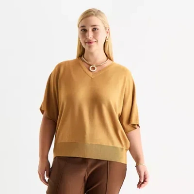 Worthington Plus Womens V Neck Long Sleeve Pullover Sweater In Brown
