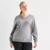 Worthington Plus Womens V Neck Long Sleeve Pullover Sweater In Gray