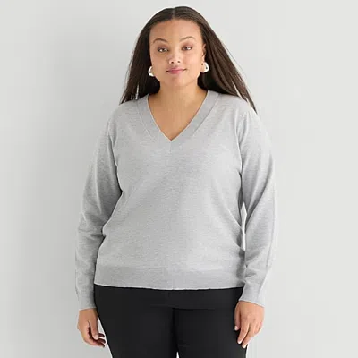 Worthington Plus Womens V Neck Long Sleeve Pullover Sweater In Gray