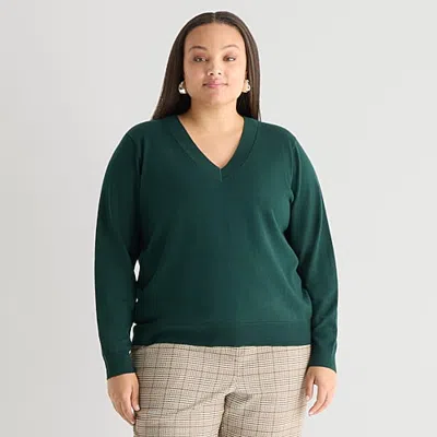 Worthington Plus Womens V Neck Long Sleeve Pullover Sweater In Green