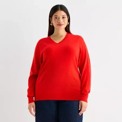 Worthington Plus Womens V Neck Long Sleeve Pullover Sweater In Red
