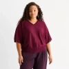 Worthington Plus Womens V Neck Long Sleeve Pullover Sweater In Red