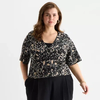 Worthington Plus Womens V Neck Short Sleeve Animal Pullover Sweater In Brown