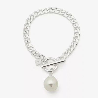 Worthington Silver Tone Simulated Pearl Womens Curb Chain Bracelet