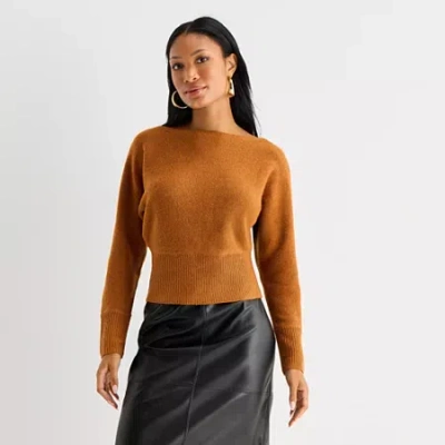 Worthington Womens Boat Neck Long Sleeve Pullover Sweater In Brown