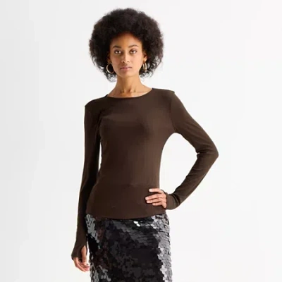 Worthington Womens Crew Neck Long Sleeve Blouse In Brown