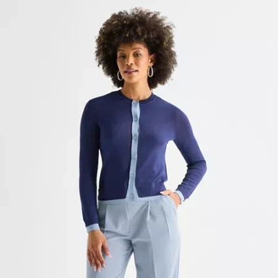 Worthington Womens Crew Neck Long Sleeve Button Cardigan In Blue