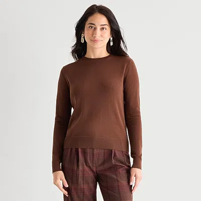 Worthington Womens Crew Neck Long Sleeve Pullover Sweater In Brown
