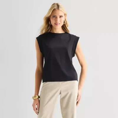 Worthington Womens Crew Neck Short Sleeve Blouse In Black