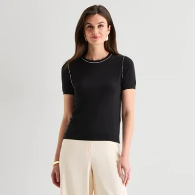 Worthington Womens Crew Neck Short Sleeve Pullover Sweater In Black