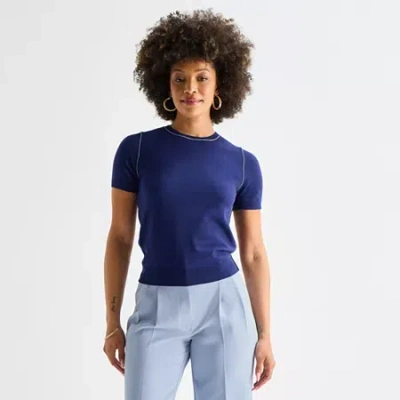 Worthington Womens Crew Neck Short Sleeve Pullover Sweater In Blue