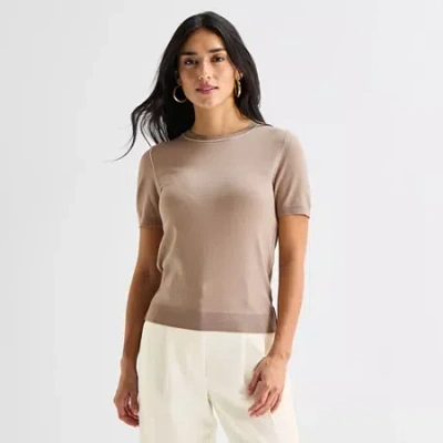 Worthington Womens Crew Neck Short Sleeve Pullover Sweater In Brown