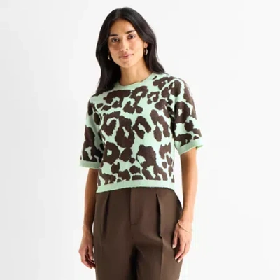 Worthington Womens Crew Neck Short Sleeve Pullover Sweater In Green