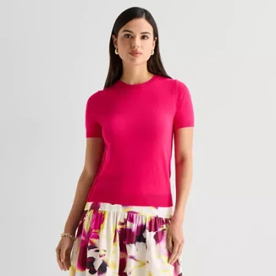 Worthington Womens Crew Neck Short Sleeve Pullover Sweater In Pink