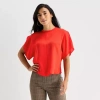 Worthington Womens Crew Neck Short Sleeve Satin Blouse In Red