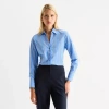 Worthington Womens Cuffed Long Sleeve Fitted Poplin Button-down Shirt In Blue