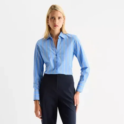 Worthington Womens Cuffed Long Sleeve Fitted Poplin Button-down Shirt In Blue