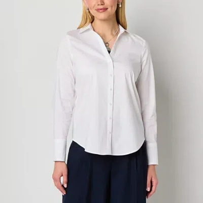 Worthington Womens Cuffed Long Sleeve Fitted Poplin Button-down Shirt In White