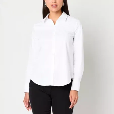 Worthington Womens Cuffed Long Sleeve Modern Fit Button-down Shirt In White