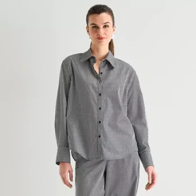 Worthington Womens Cuffed Long Sleeve Oversized Button-down Shirt In Gray