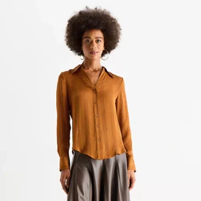 Worthington Womens Cuffed Long Sleeve Regular Fit Button-down Shirt In Brown