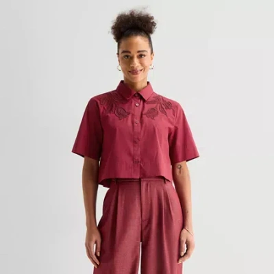 Worthington Womens Cuffed Short Sleeve Loose Fit Poplin Button-down Shirt In Burgundy