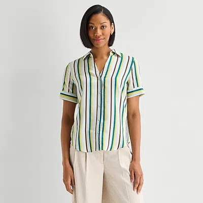Worthington Womens Cuffed Short Sleeve Regular Fit Button-down Shirt In White