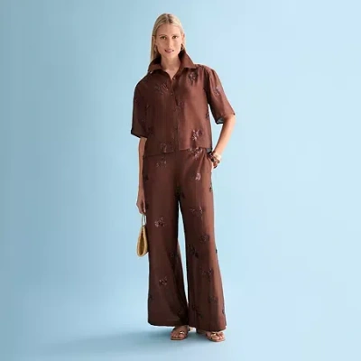 Worthington Womens Drop Shoulder Long Sleeve Regular Fit Button-down Shirt In Brown