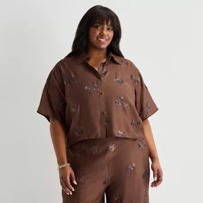 Worthington Womens Drop Shoulder Short Sleeve Regular Fit Button-down Shirt In Brown