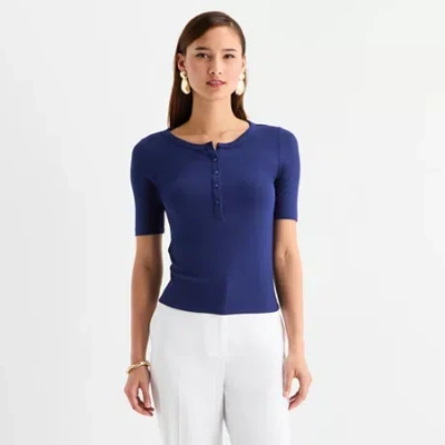 Worthington Womens Elbow Sleeve Regular Fit Henley Shirt In Blue