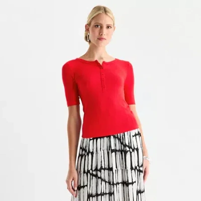 Worthington Womens Elbow Sleeve Regular Fit Henley Shirt In Red